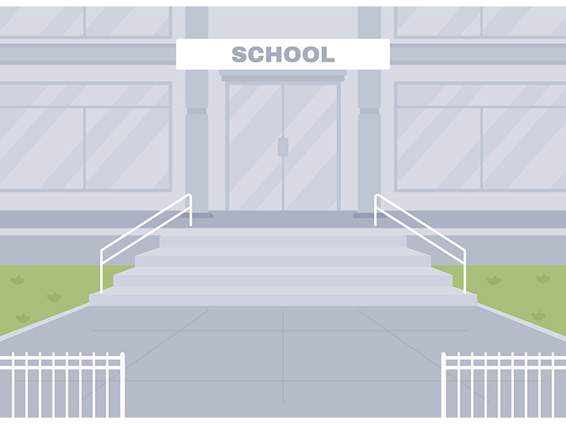 Empty school entrance flat color vector illustration