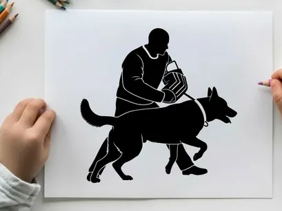 Silhouette of a man walking a dog with a bag