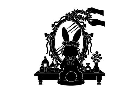 Silhouette of a rabbit in front of a vanity mirror with flowers