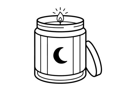 Vela perfumada com ícone de lua. Ilustração minimalista de linha de uma jarra de cera queimando.