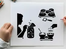 Silhouette of person baking with various kitchen tools silhouette