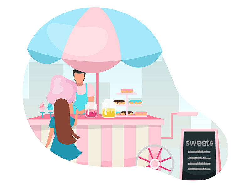 Girl buying cotton candy at street food cart flat vector illustration