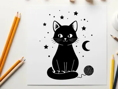 Whimsical silhouette cat under starry night sky with moon