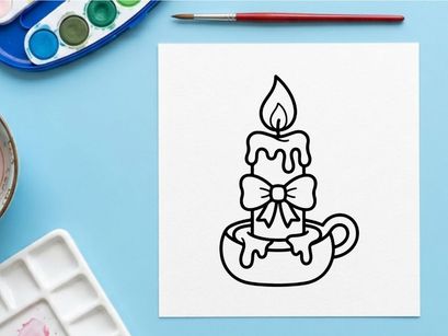 Hand-drawn Halloween candle with melting wax and decorative bow. Spooky holiday illustration featuring a lit taper for festive decor.