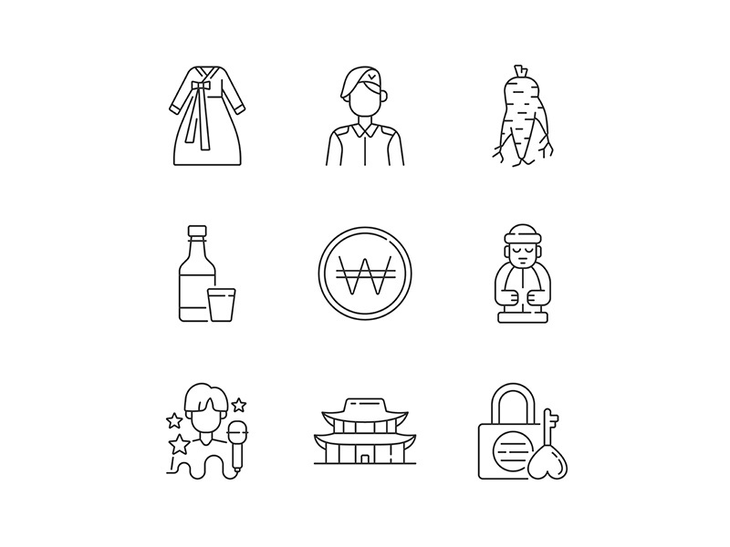 Culture of Korea linear icons set