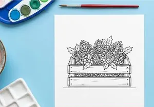 Hand-drawn Christmas wreath in wooden crate for festive holiday home decor display