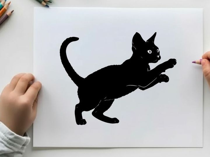 Black cat silhouette jumping to the right with tail up