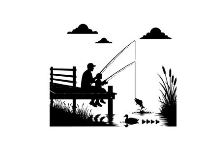 Silhouette of man and child fishing on a serene lake