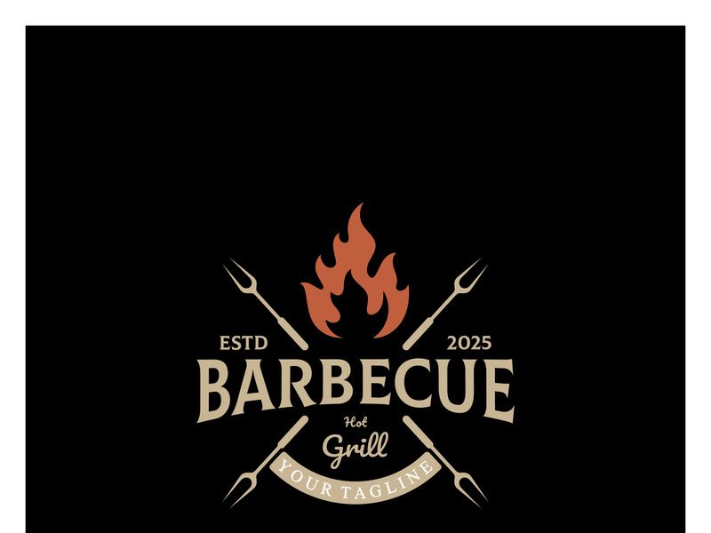 Simple Barbecue Vintage hot grill, with crossed flames and spatula. Logo for restaurant, badge, cafe and bar.vector