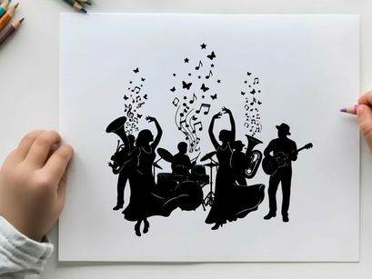 Silhouette of a lively band performing with musical notes and butterflies