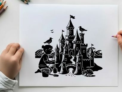 Silhouette of a child building a sandcastle silhouette