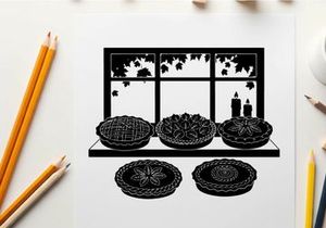 Silhouette of decorative plates on a shelf with a window