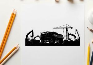 Construction site silhouette with excavators and crane