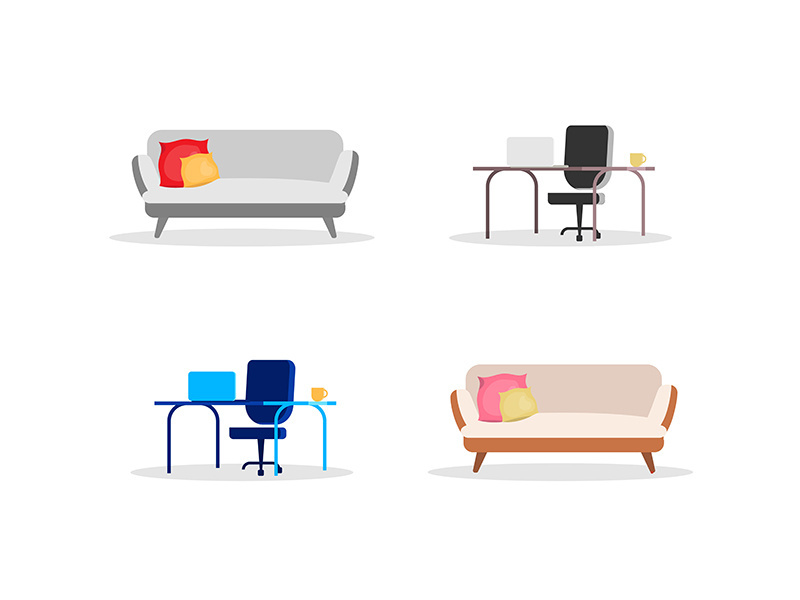 Sofa and computer table flat color vector objects set