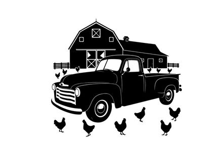 Silhouette of a vintage truck and chickens in front of a rustic barn