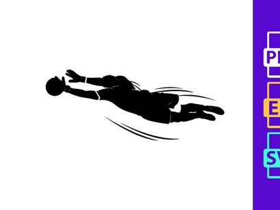 A black silhouette of a person diving to catch a ball in mid air motion quickly