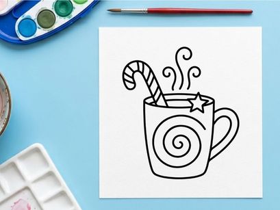 Taza de café navideña dibujada a mano con agitador de bastón de caramelo y espirales festivas