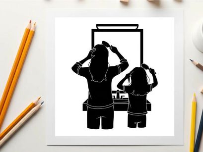 Silhouette of two women styling hair in front of a mirror