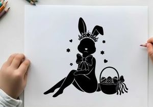 Easter bunny silhouette with crown and basket of eggs