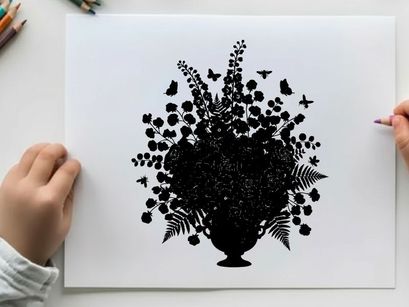 Silhouette of a vase with flowers and butterflies
