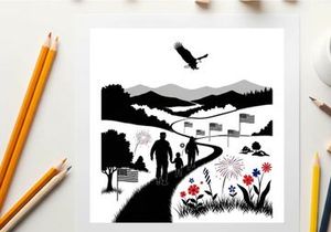 Patriotic family stroll with eagle silhouette in mountainous landscape
