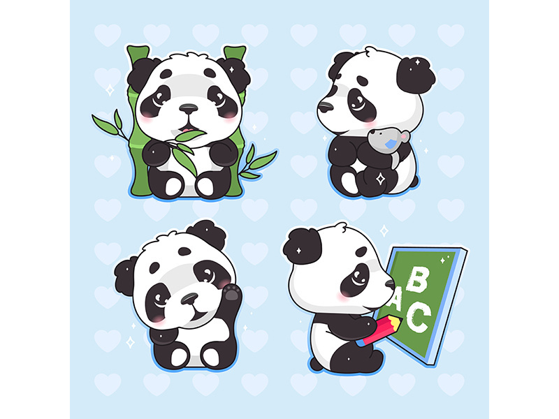 Cute panda kawaii cartoon vector characters set