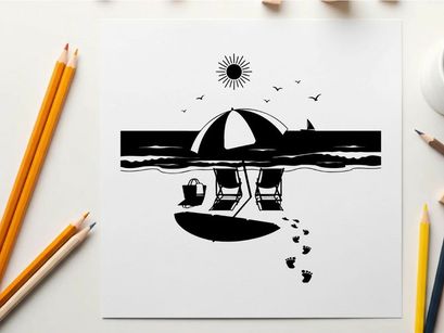 Beach scene with umbrella and chairs in silhouette