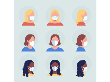 Ladies with white masks flat color vector character avatar set preview picture