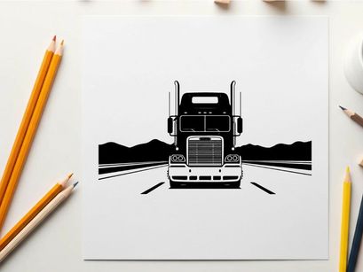Semi truck silhouette on open road with mountains