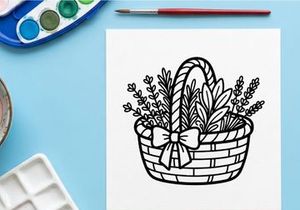 Wicker basket with herbs and flowers. Line art illustration of a floral gift basket.