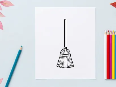 Hand-drawn broom illustration for cleaning and household chores. Simple line art cleaning tool vector isolated on white background.