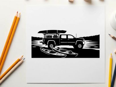 Silhouette of a pickup truck with kayaks on a serene lake shore
