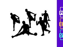 Silhouette of five soccer players in various poses on a white background