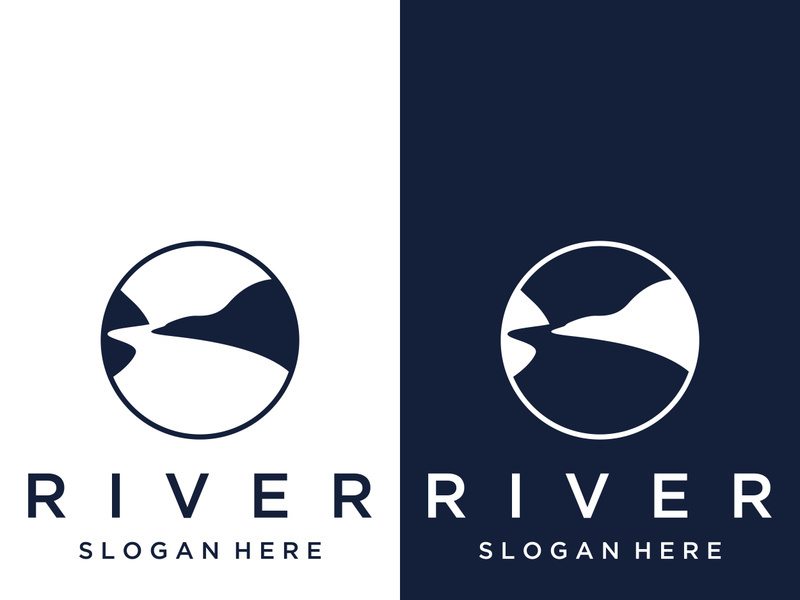 Logos of rivers, creeks, riverbanks and streams. River logo with combination of mountains and farmland with vector concept design.