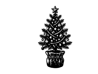 Handgezeichnete Weihnachtsbaum-Illustration mit Kugeln und Stern in einem Jutebeutel.