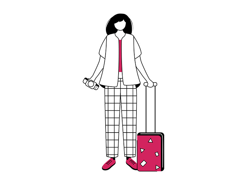Girl tourist with suitcase and boarding pass flat contour vector illustration