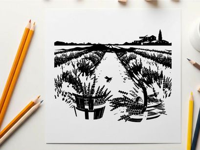 Silhouette of a serene countryside scene with lavender fields