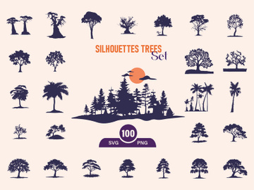 Silhouettes Trees Set, Pine Tree fir pruce cedar white patch alder elm birch ash cypress beech palm tree. preview picture