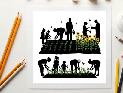 Family gardening silhouette with sunflowers and children helping