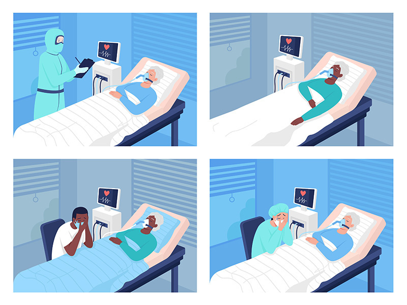 Intensive care unit in hospital flat color vector illustrations set