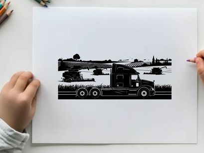 Silhouette of a semi truck driving through a rural landscape