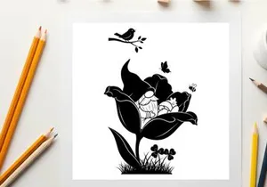 Silhouette of a flower with birds and butterflies