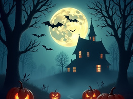 Spooky Halloween night background with glowing pumpkins preview picture