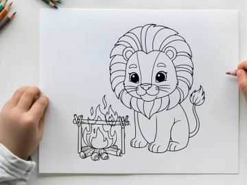 Cute cartoon lion by campfire vector illustration flat design preview picture