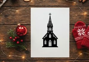 Black silhouette of a church building with a steeple and cross on a white background.