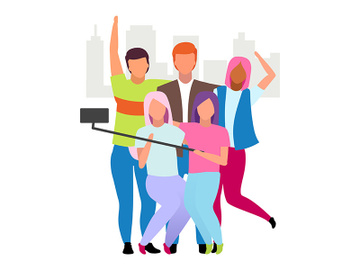 Friends spending time together, taking selfie flat vector illustration preview picture