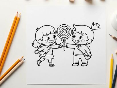 Children sharing lollipop happy friendship vector illustration