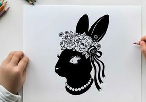 Silhouette of a rabbit wearing a floral headpiece and pearls