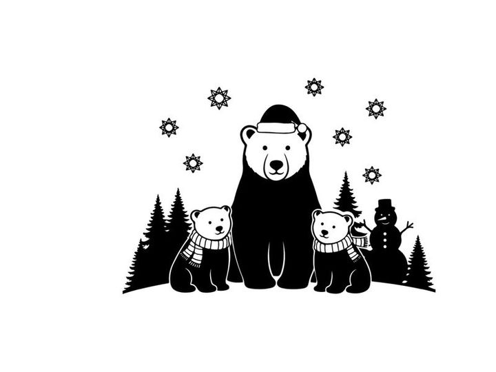 Winter scene with bear family silhouette in snowy forest