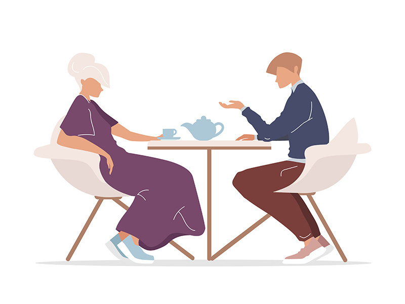 Man and woman drinking tea flat color vector faceless characters